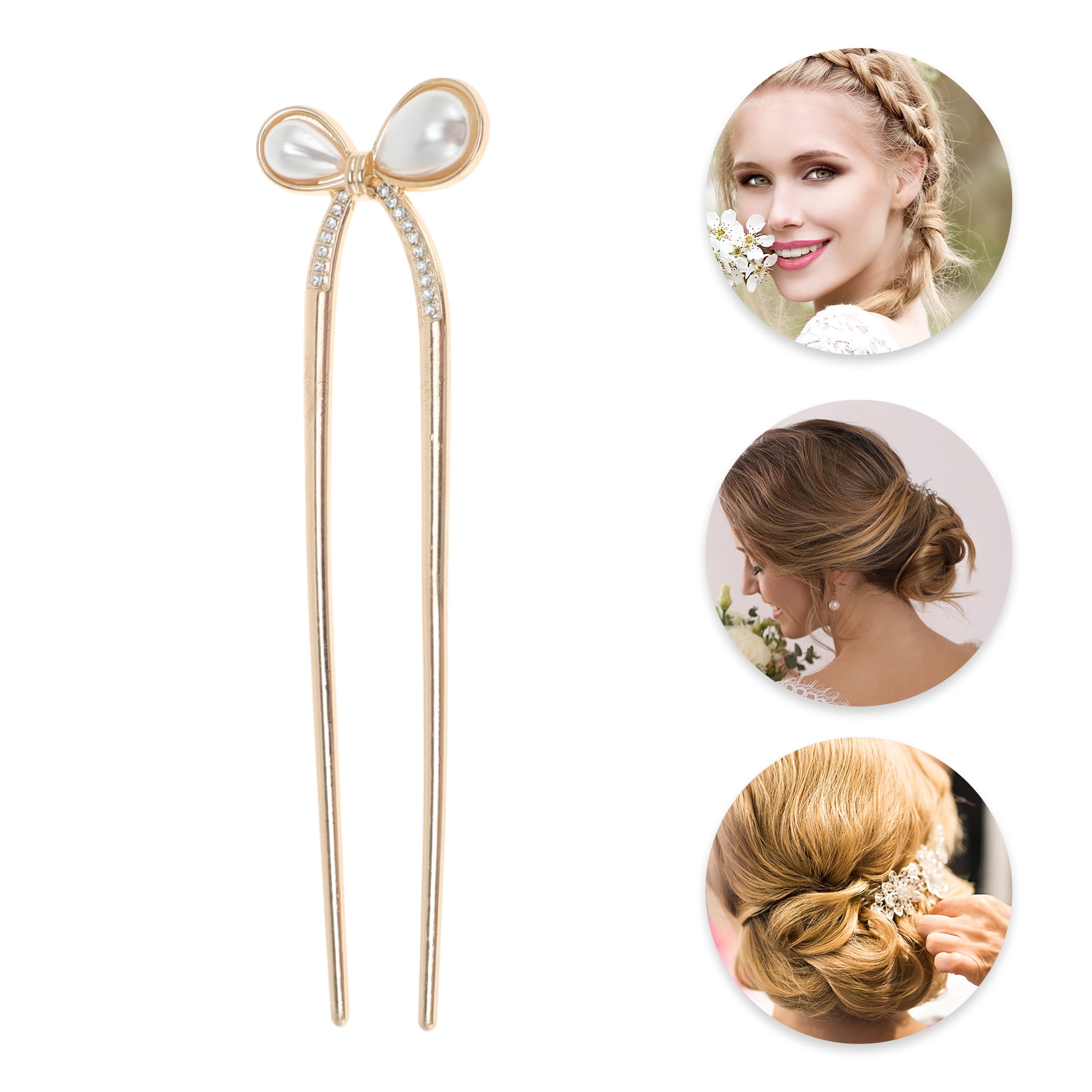 Unique Bargains Faux Pearl Bow Chignon Pin for Women Gold Tone 1 Pc
