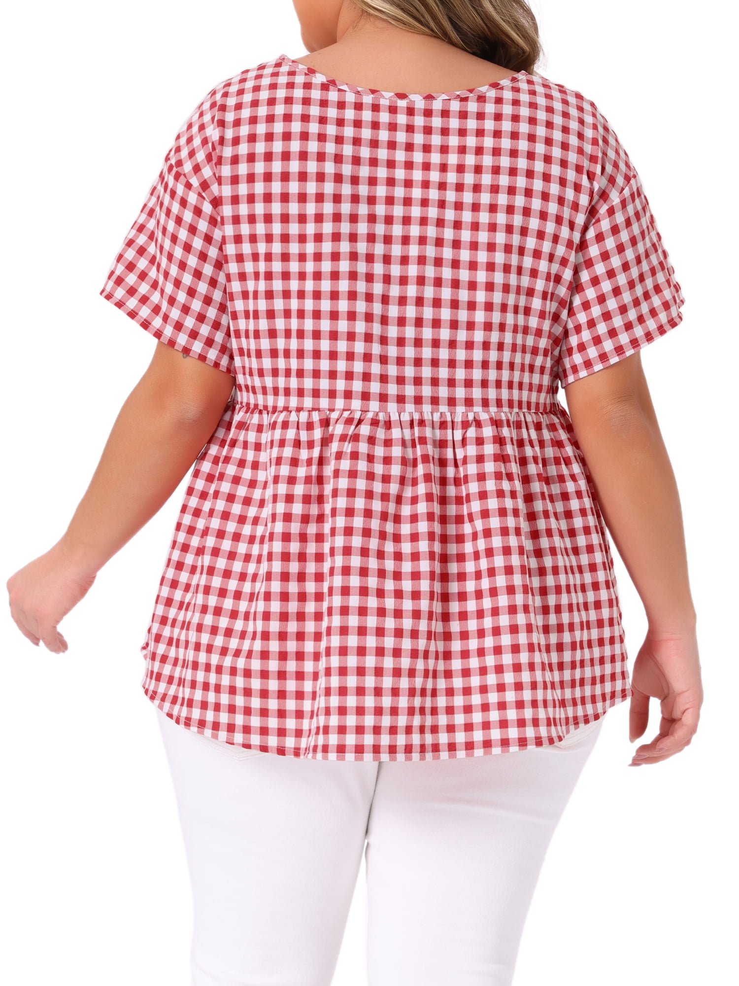 Women's Plus Gingham Tops Plaid Short Sleeve V Neck Summer Babydoll Top 3X Red