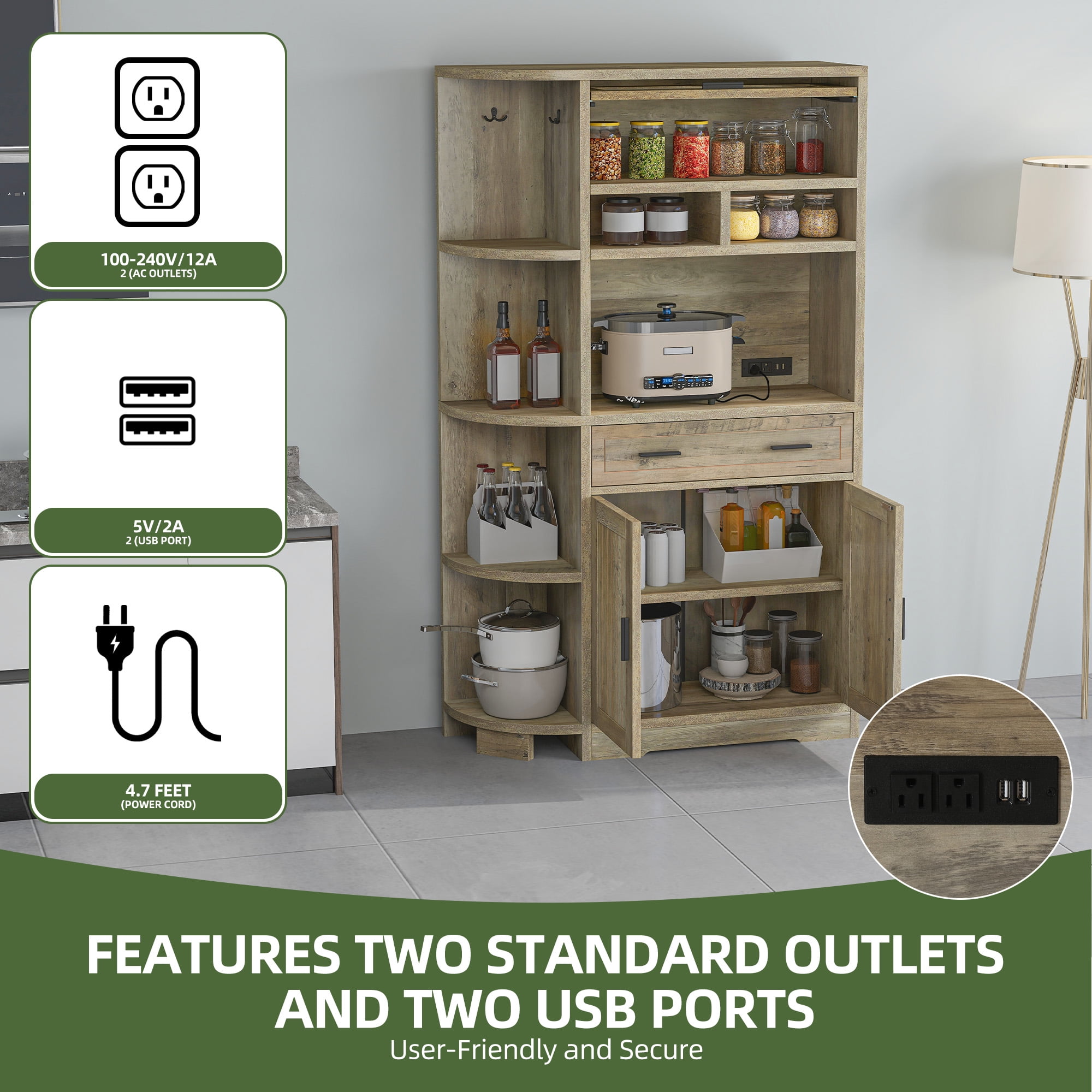 Uforic 67"H Pantry Storage Cabinet with Power Outlets, Kitchen Cabinet with Doors & Drawer, Ash Gray