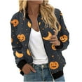 thumbnail image 2 of WXLWZYWL Womens Halloween Bomber Jacket Trendy Pumpkin Ghost Bat Spider Floral Print Casual Coat Zip Up Outerwear Windbreaker with Pockets Stand Collar Fall Clothes, 2 of 5