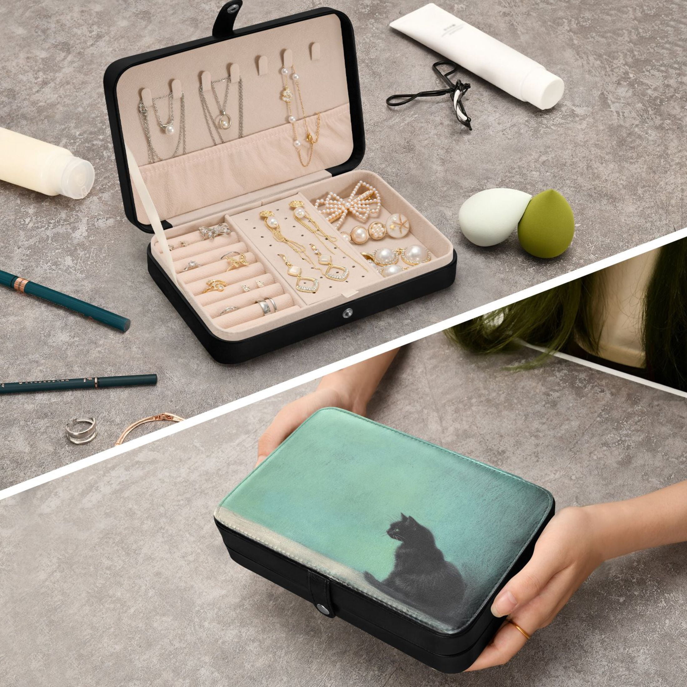 Leather Jewelry Box Rectangular 8.27x5.5x1.78In Travel Jewelry Storage Earrings Necklace Bracelet Watch Brooch Storage Black Cartoon Cat