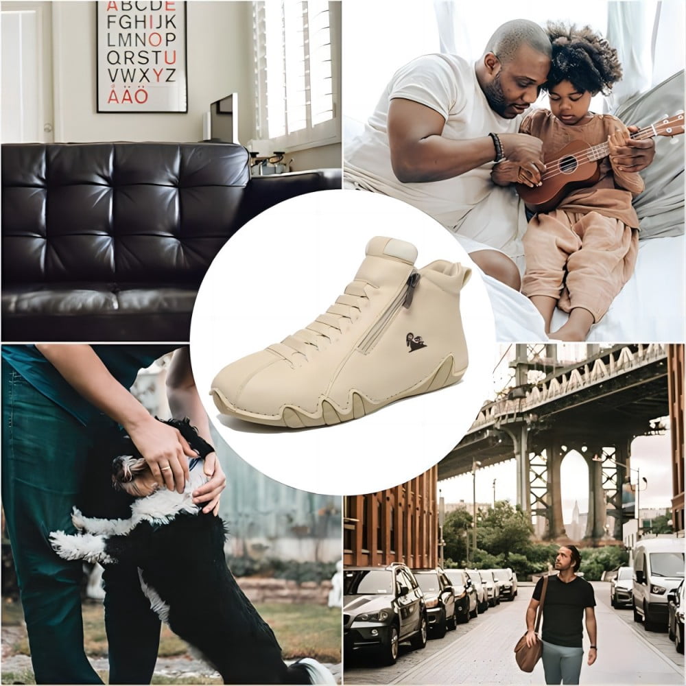 Men's Casual Loafers Leather Hand-stitched Lightweight Non-Slip Breathable Hiking Outdoor Soft Flat Boots Mid-Top Shoes Beige 9.5 US