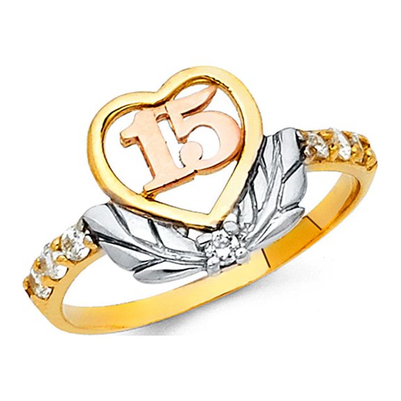 Solid 14k Yellow White Rose Gold Quinceanera 15 Ring CZ Heart Quince Band Leaf Stylish Polished, Size 7