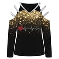 thumbnail image 4 of Gibobby Camisa De Invierno Top informal con estampado de de imitación para mujer, camiseta de manga larga con escote en V y hombros descubiertos, blusa（Dorado， S), 4 of 5