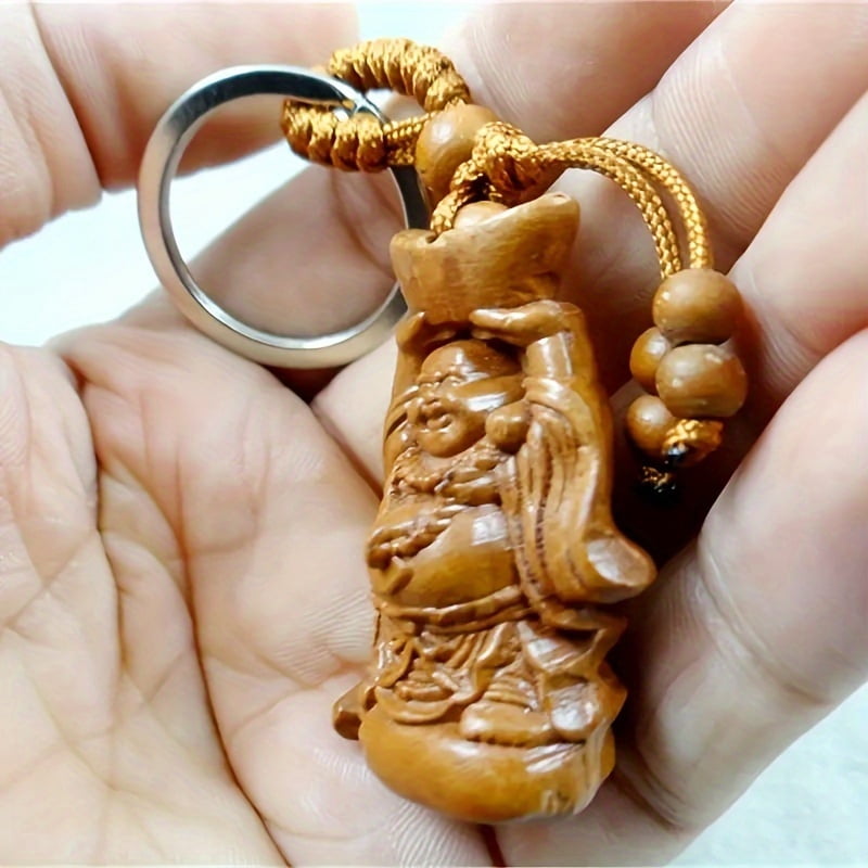 Men's Nature Mahogany Carving Key Ring, Details of the Buddha Stature Design, Business Style -DURable Wood and Metal Ring Accessories, Wealth Symbols | Spiri Tual Embellishment | Unique Key Ring