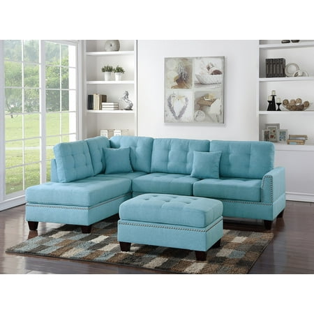 3 Piece Sectional Sofa Reversible Chaise Ottoman Blue Grey Polyfiber Sectionals Tufted Couch Pillows Modern 3 Piece Sectional Sofa Reversible Chaise Ottoman Blue Grey Polyfiber Sectionals Tufted Couch Pillows Modern