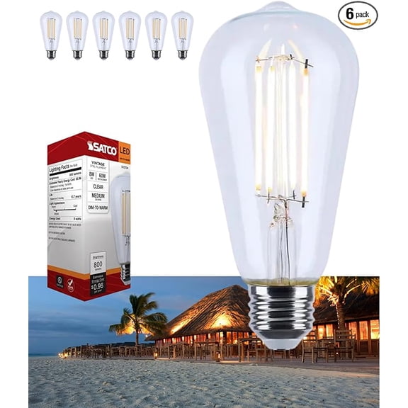 Satco S12154 LED ST19 Light Bulb 8W 120V  Warm Dimming 3000K-2000K 800 Lumen E26 Medium Base (6 Pack)