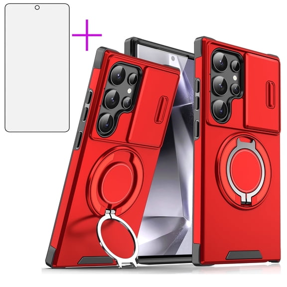 Compatible with Samsung Galaxy S23 Ultra 5G Phone Case Slide Camera Cover Tempered Glass Screen Protector Stand Ring Holder Rugged Slim Cell for S23Ultra 23S S 23 23Ultra 6.8 inch Women Men Red