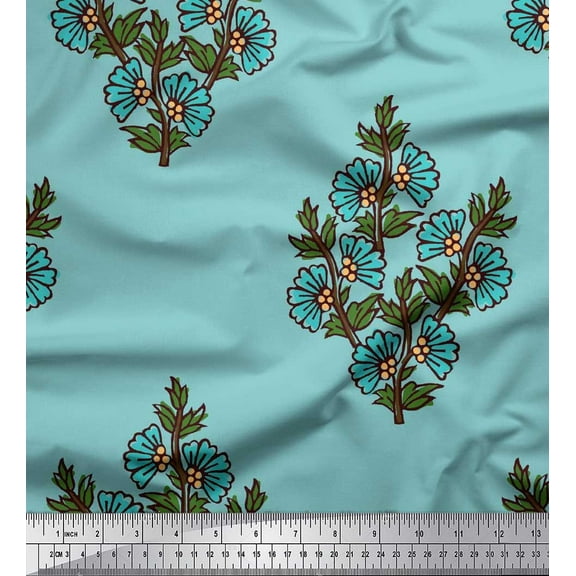 Soimoi Crepe Silk Fabric Leaves & Floral Block Printed Fabric 1 Yard 42 Inch Wide