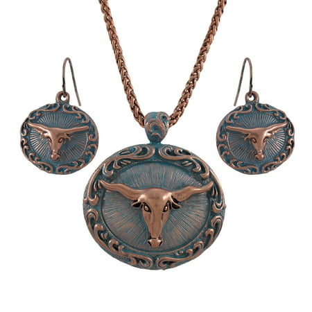 Turquoise Nugget Set - Copper and Turquoise Blue Western Longhorn Necklace and Earrings Set