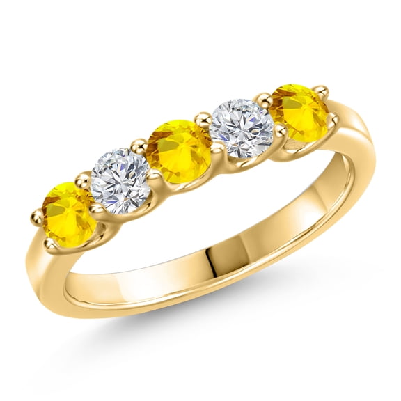 Gem Stone King 10K Yellow Gold Yellow Sapphire and Lab Grown Diamond Wedding-Bands Ring for Women | 0.82 Cttw | Round 3.5MM | Gemstone September Birthstone | Size 6