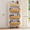 thumbnail image 4 of FOLDLIFE Rattan 3-Tier Slim Shoe Cabinet with 3 Flip Drawers and Metal Leg,Farmhouse Freestanding Rattan Shoe Storage Organizer, Narrow Shoe Rack, Hidden Wood Design,White+Oak, 4 of 9