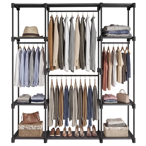 LEDREM Freestanding Closet Organizer with Shelves & Hanging Rods , Portable Wardrobe for Bedroom/Cloakroom , 4-Tier Storage Rack , Easy Tool-Free Assembly ,Black