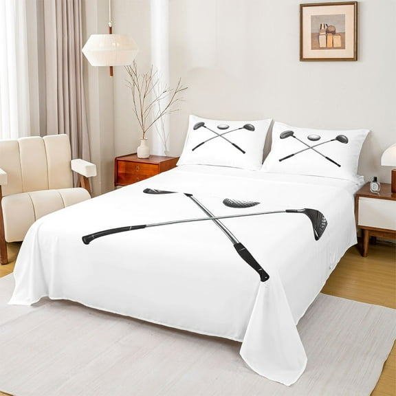 Homewish Golf Club Twin Sheet Sets,Golf Ball Game Twin Fitted Sheet,White Silver Flat Sheet For Boys Kids,Super Cozy Room Decor,3pcs