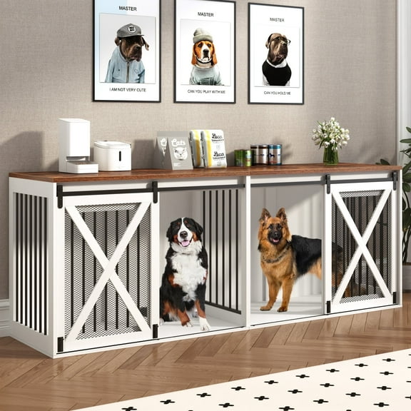 94.5" XXXL Dog Crate Furniture for 2 Large Dogs, Farmhouse Dog Kennel TV Stand with Sliding Door and Removable Divider, White