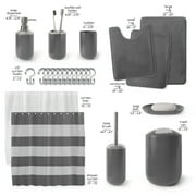 Nestl 23 Piece Bathroom Accessory Gift Set, Bathroom Shower Curtain Set, And Bath Rug Set, Gray
