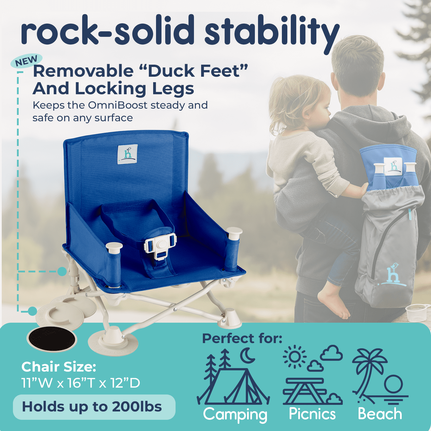 Hiccapop OmniBoost Travel Booster Chair with Tray, Folding Portable Booster Seat for Dining Table, Camping, Beach, Grandma’s, Tip-Free Design, Blue
