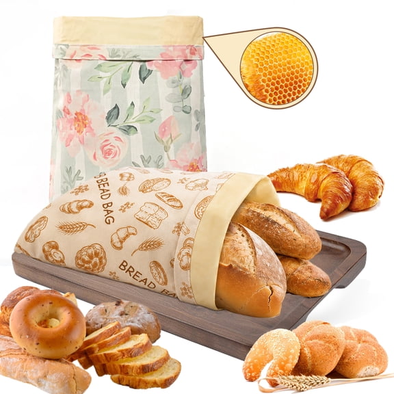 Hoofun Beeswax Bread Bags for Homemade Bread, 2 Pack Reusable Organic Linen Bag Natural, Beeswax Bread Storage Bag, Freshness Keeping and Freezer Safe