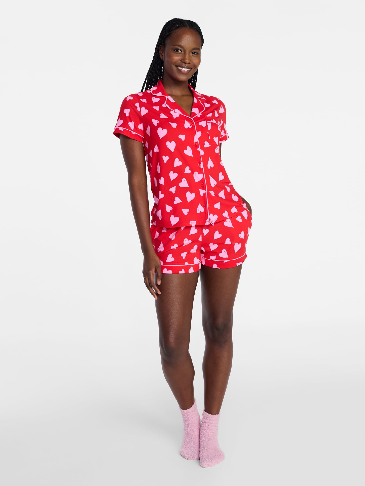 Joyspun Women's Dreamy Soft Collection Notch Collar Top and Shorts Valentine's Day Pajama Set, 2-Piece, Sizes XS-3X