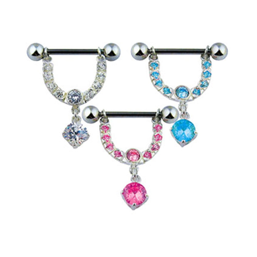 Nipple Bar With Dangling Jeweled Horseshoe And Gem, 14 Ga