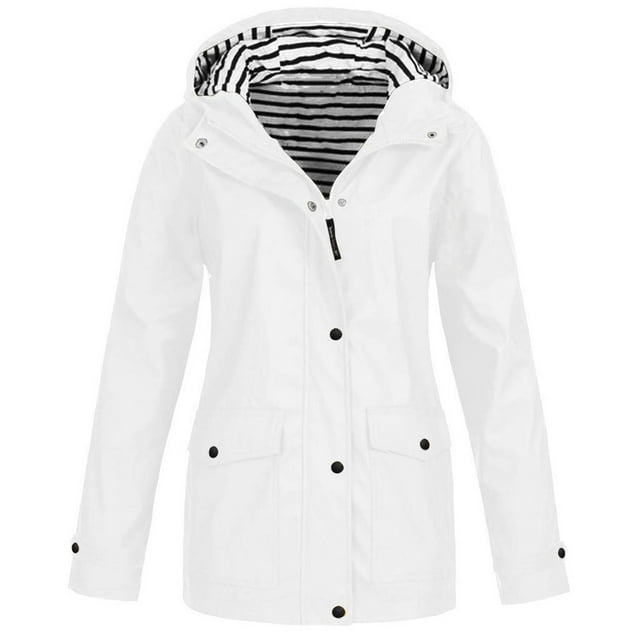 WRKEKC Imperméable Manteau de Pluie pour Femme à Capuche Coupe-Vent Respirant Manches Longues avec Poches Zippées pour Randonnée en Plein Air Tenue Décontractée Blanc A m