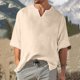 thumbnail image 2 of Men's Solid Color Pleated Quarter Sleeve Top Men's Retro V-Neck Top6XL, 2 of 5