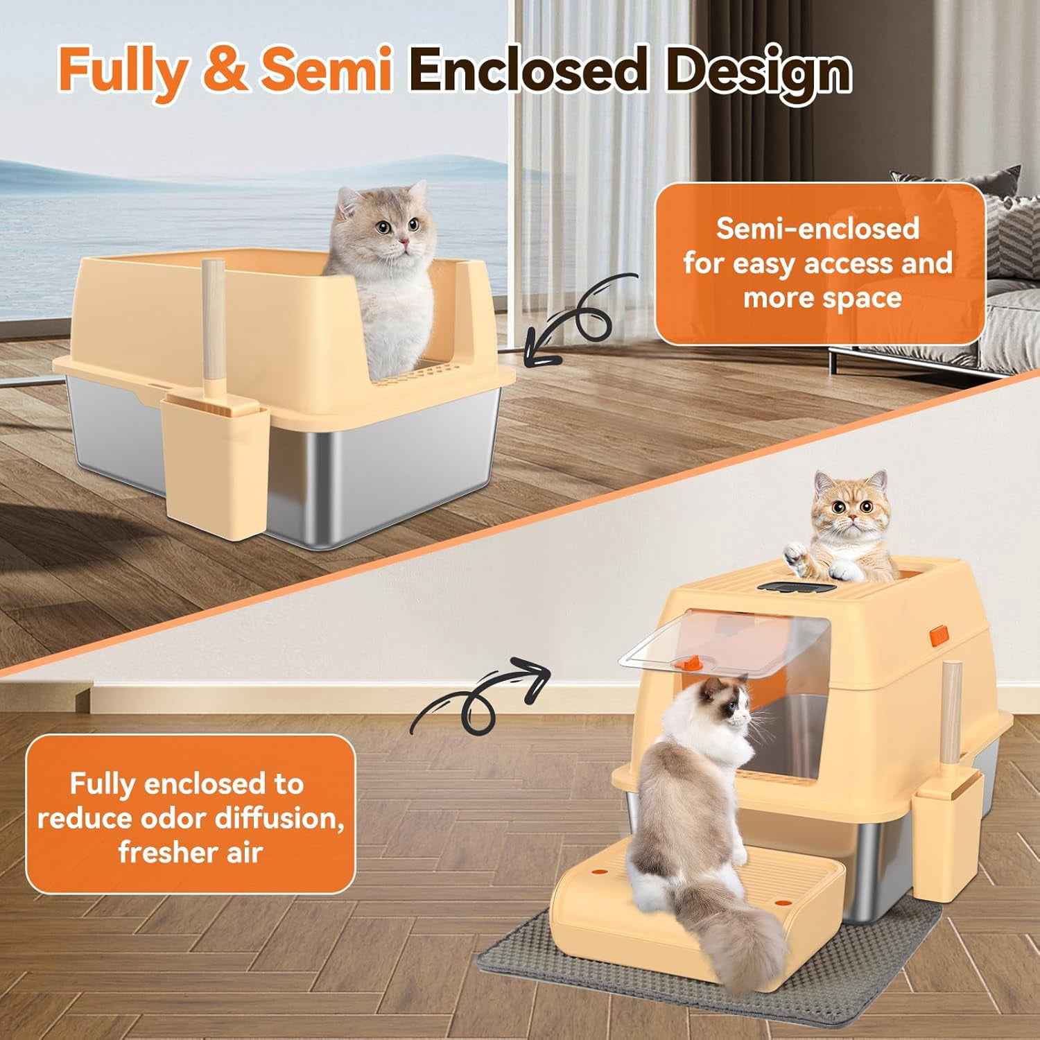 Stainless Steel Cat Litter Box with Removable Lid,Free in & Out Covered Metal Litter Box,Large Enclosed Litter Box with Litter Scoop & Mat, Easy Cleaning, Odor Free,Anti-Leakage for Kitty(Beige)