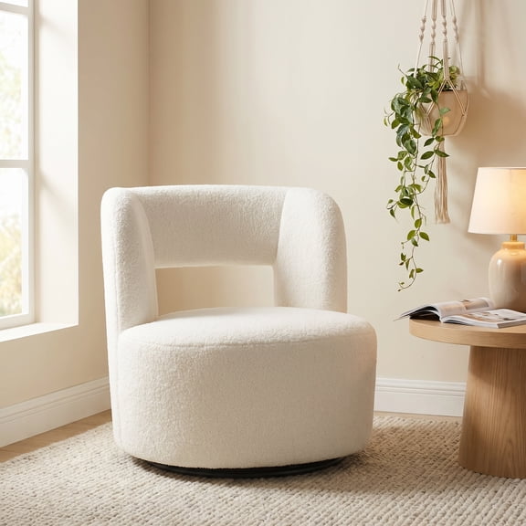 iooHug Swivel Barrel Accent Chair, Soft Teddy Fabric Round Armchair for Living Room Bedroom