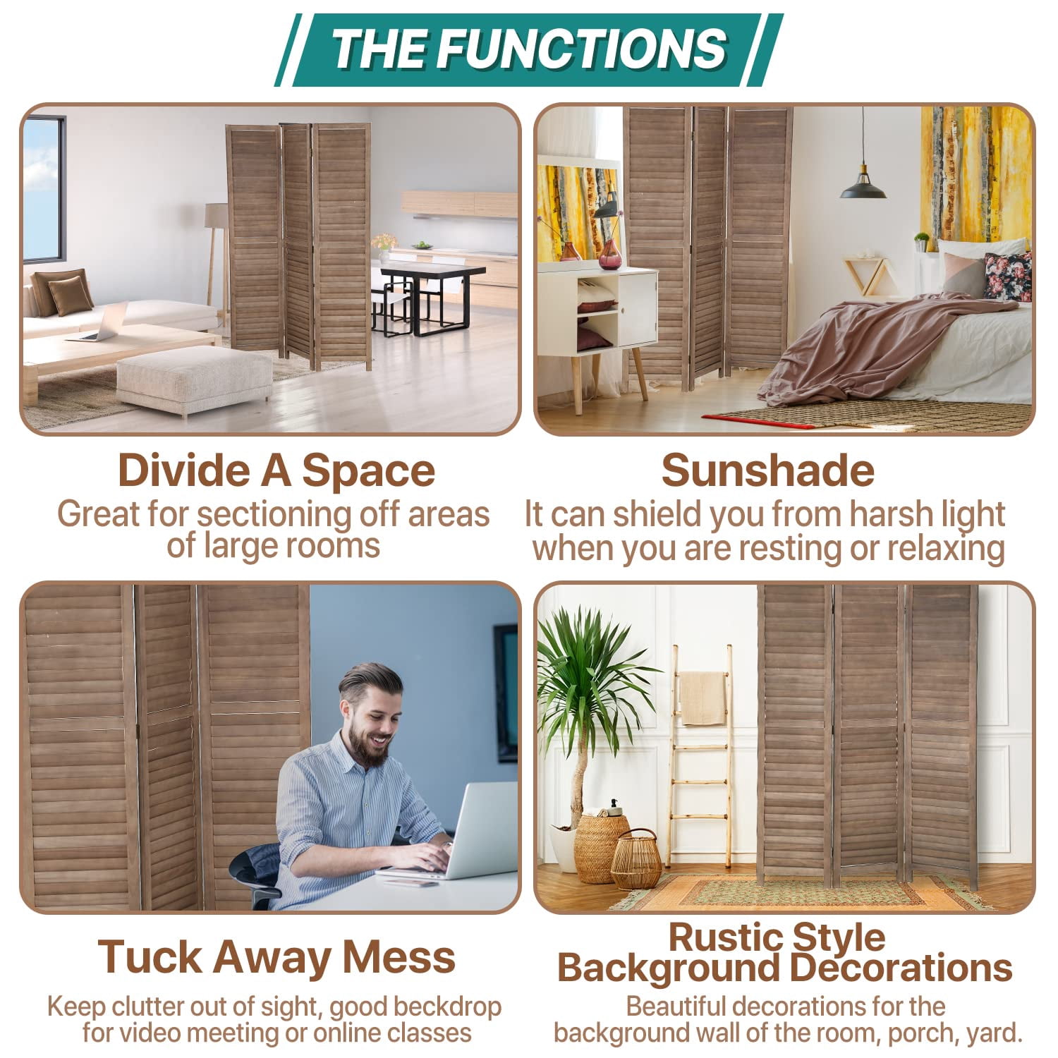 YRLLENSDAN Room Dividers and Folding Privacy Screens, Wall Divider for Living Room, Freestanding Indoor Room Divider for Room Separation, Brown 3 Panels