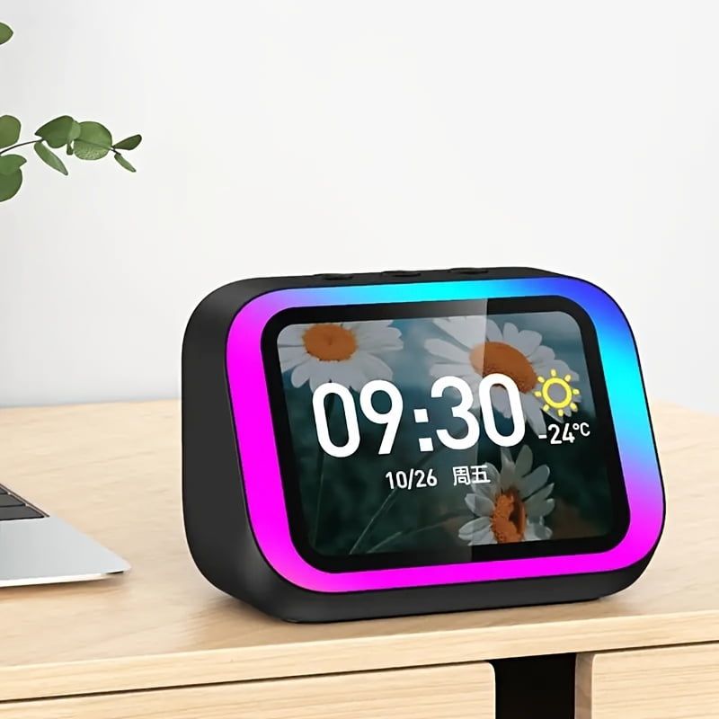 Smart Wireless Speaker Alarm Clock with RGB Ambient Light & HD Display, Portable Bedside Audio System Compatible with Smartphones and Tablets