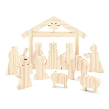 Podplug Christmas Decorations - Small Unfinished Wood Nativity Scene - Diy Christmas Crafts, 11 Piece Set