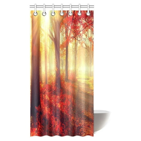 MYPOP Nature Scene Decor Shower Curtain, Autumn Foggy Forest Scenery with Rays of Warm Sun Lights on Shady Trees and Red Flowers Fabric Bathroom Set with Hooks, 36 X 72