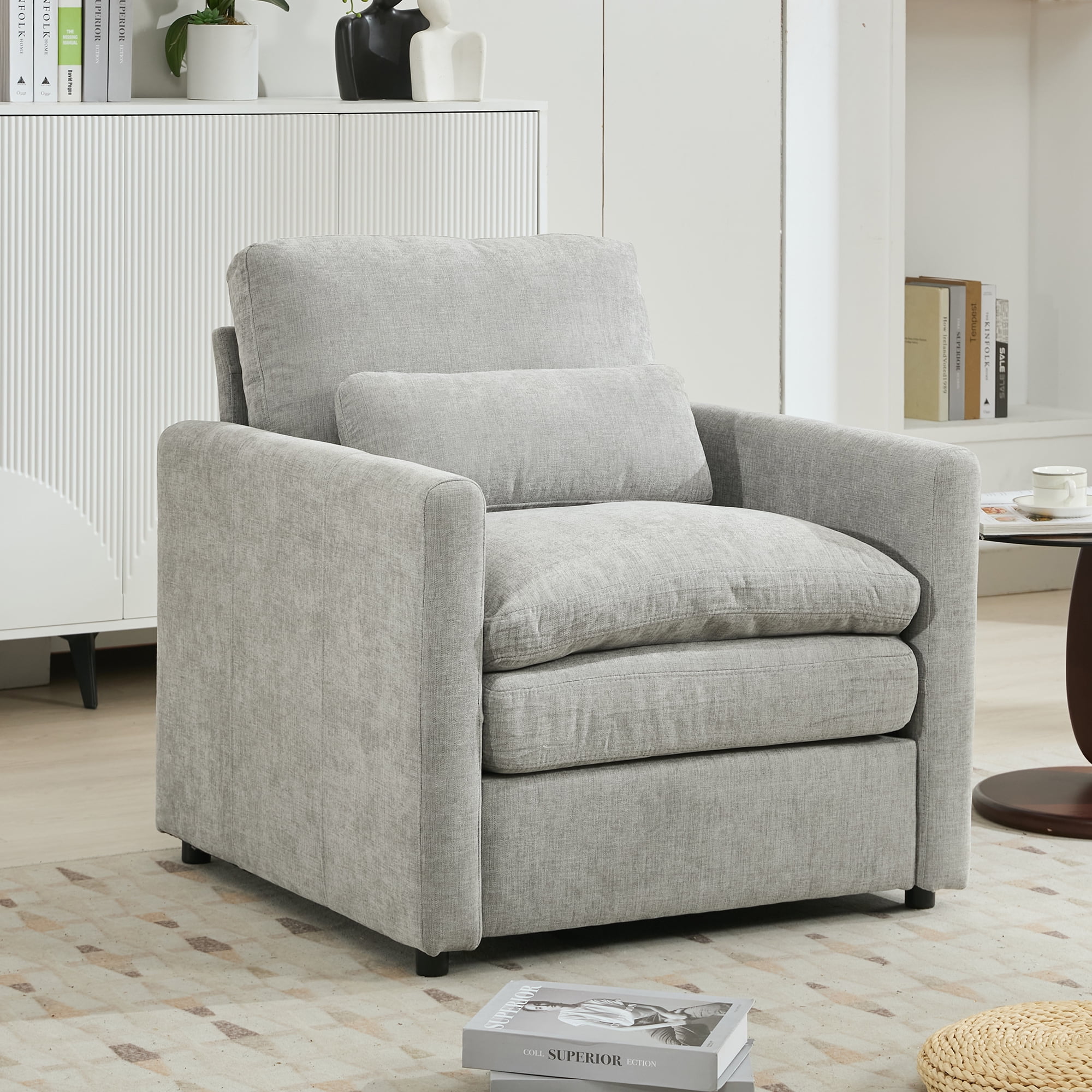 Euroco Modern Chenille Accent Armchair with Double-Layered Cushion, Detachable Lumbar Pillow & Ergonomic Armrests, Neutral Fabric Upholstery