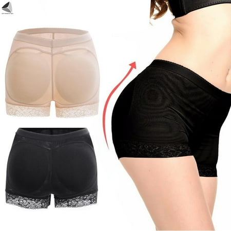PULLIMORE 2 Pcs Womens Seamless Lace Butt Lifter Padded Panties Hip Enhancer Shaper with Removable Pads Boyshorts Underwear (M  Black)