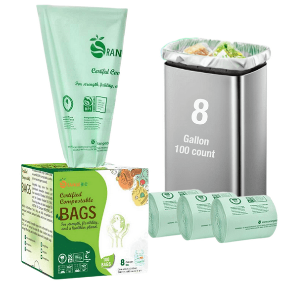 OrangeBio 6-8 Gallon Compostable, Heavy Duty Trash Bags, 30 Liter, 100 Bags