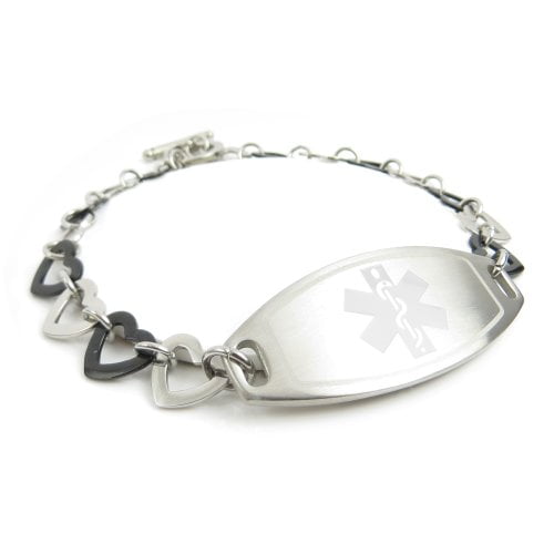 MyIDDr Hypoglycemia Medical ID Bracelet, Steel & Black Hearts, Pre