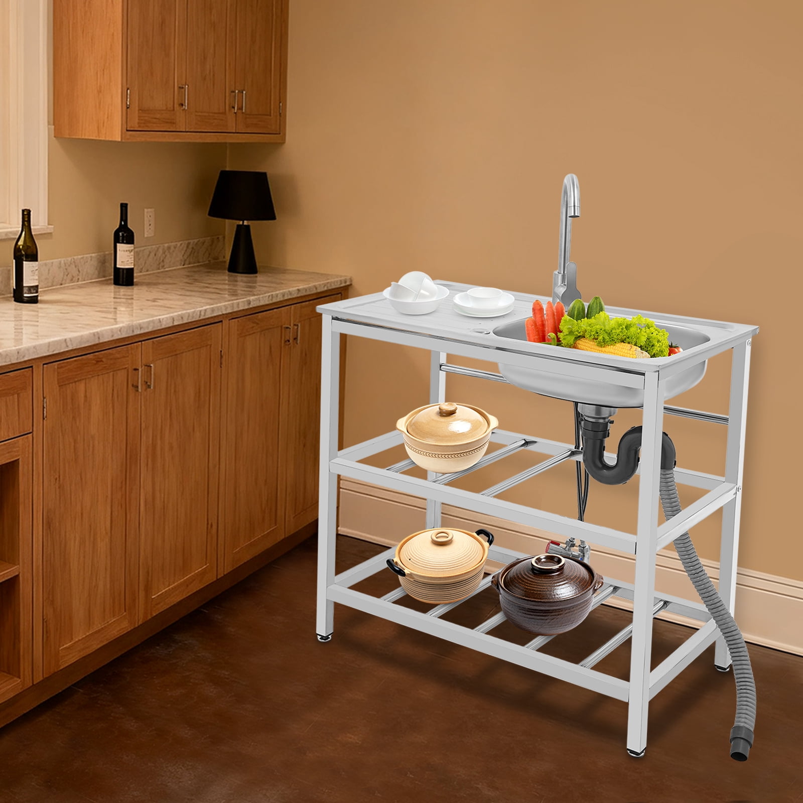Portable Commercial Stainless Steel Freestanding Single Bowl Utility Sink Set - Outdoor Kitchen Sink for Restaurant W/2-tier Storage Shelves (H 30.7in)