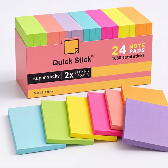 Sticky Notes 3x3 in, 24 Self-Stick Pads, Bright Assorted Colors, 2x Strong Adhesive Note Pads for Home Office Supplies