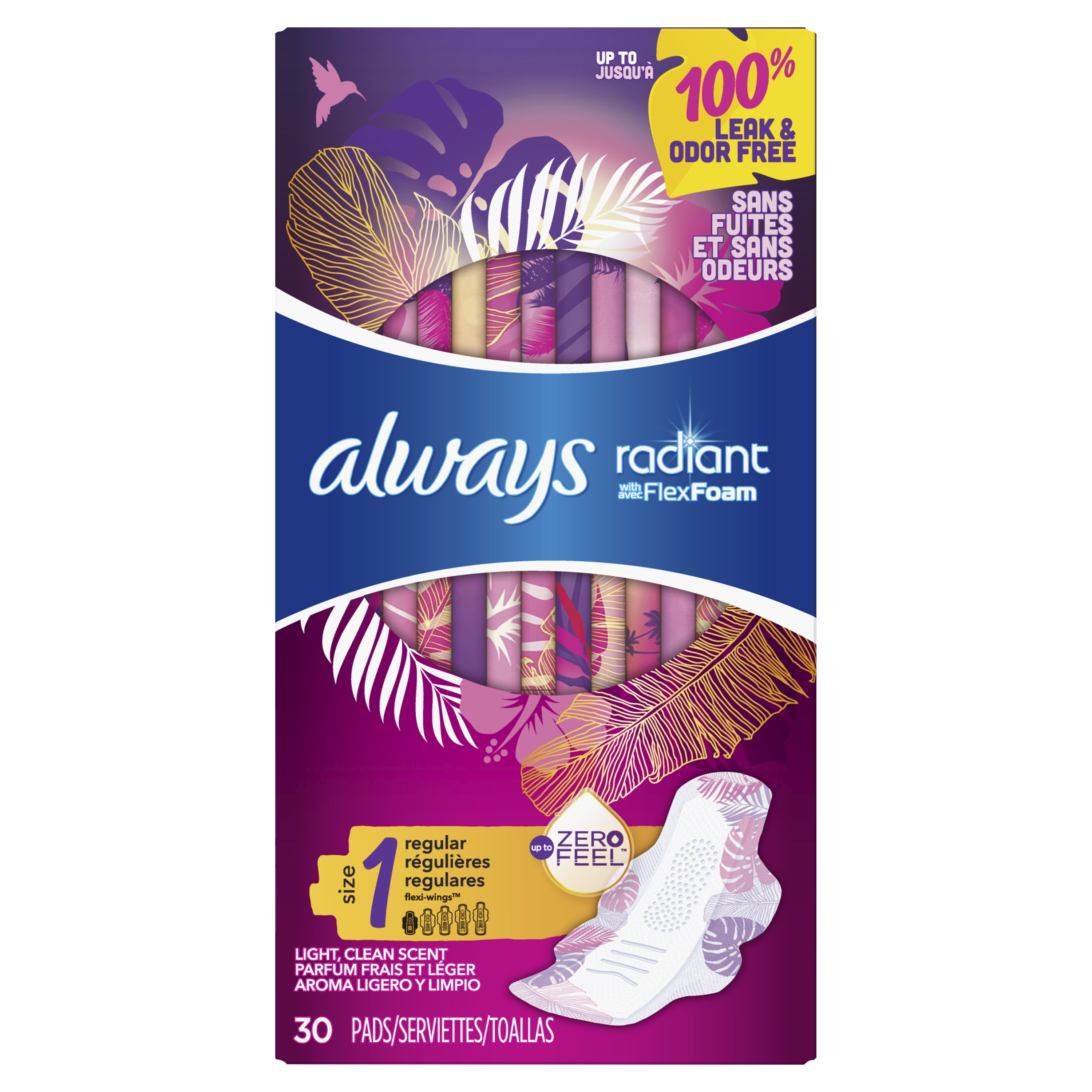 Always Radiant Regular Pads with Wings, Light Clean Scent, Size 1, 30