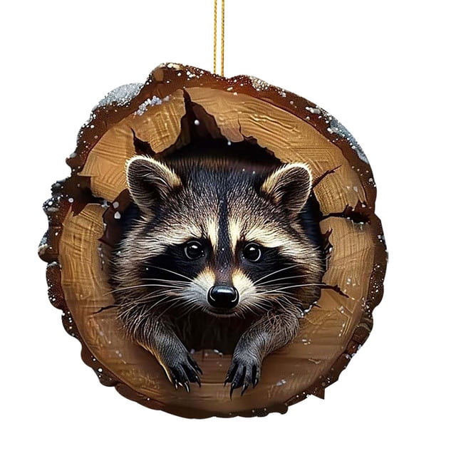 Christmas Tree Ornaments Acrylic Owl and Raccoon 2D Flat Printed Small Pendants with Hanging String