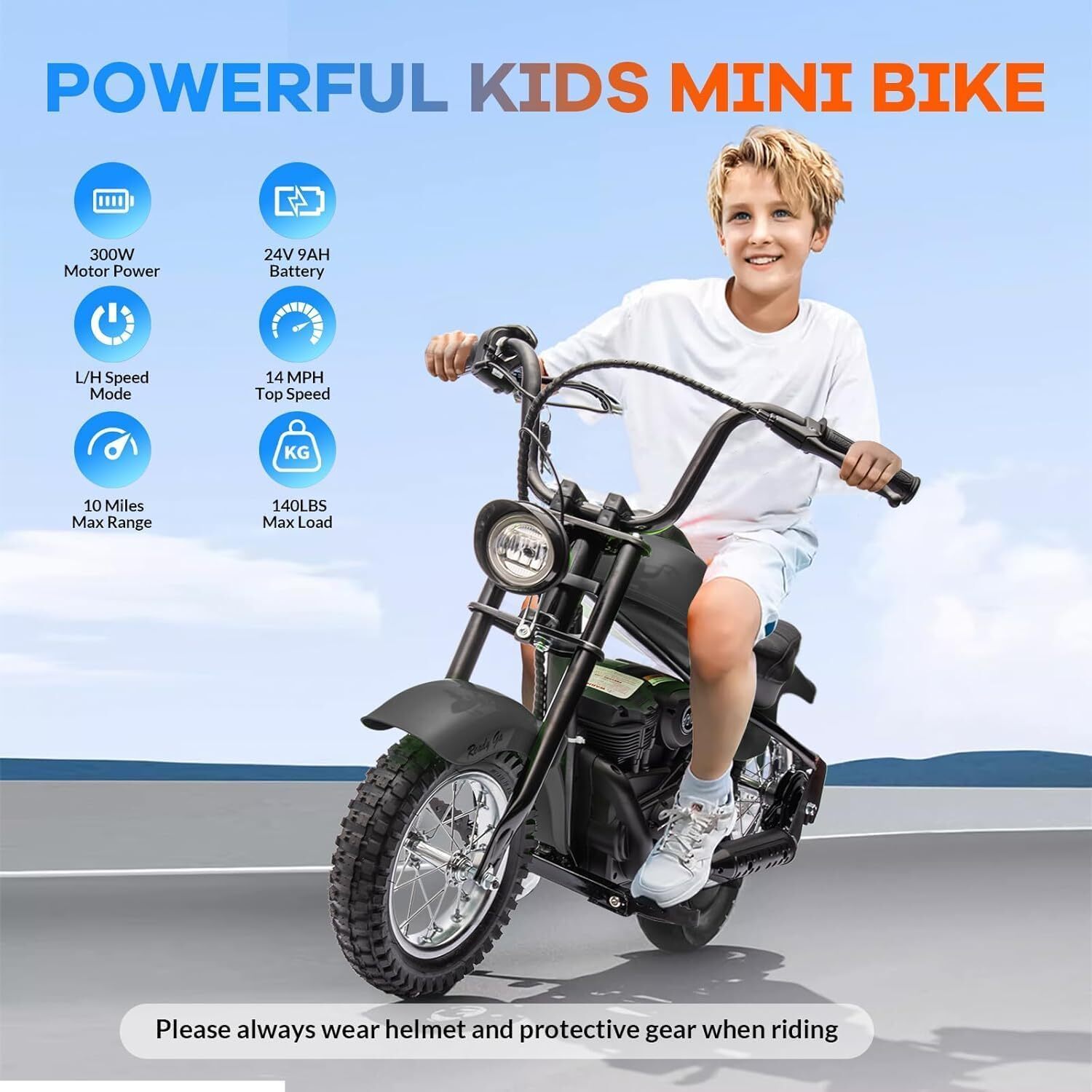 Electric Motorcycle for Kids, 24V 250W Dirt Bike, Two Speed Modes up to 18MPH, Dirt Bike with LED Lights, Rear Brake – Perfect Ride for Kids and Teens, Black