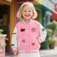 thumbnail image 2 of LIIPEE Boys Girls Jacket Cartoon Letter Printed Color Block Long Sleeve Stand Collar Button Warm Baseball Jackets Classic School Coat,Pink,3-4 Years, 2 of 4