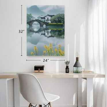 Serene Chinese Water Town Bridge Reflection Misty Mountains 2 Piece Canvas Wall Art Print Set, 24x32 Inch Each, Gallery Wrapped, Asian Landscape Home Decor