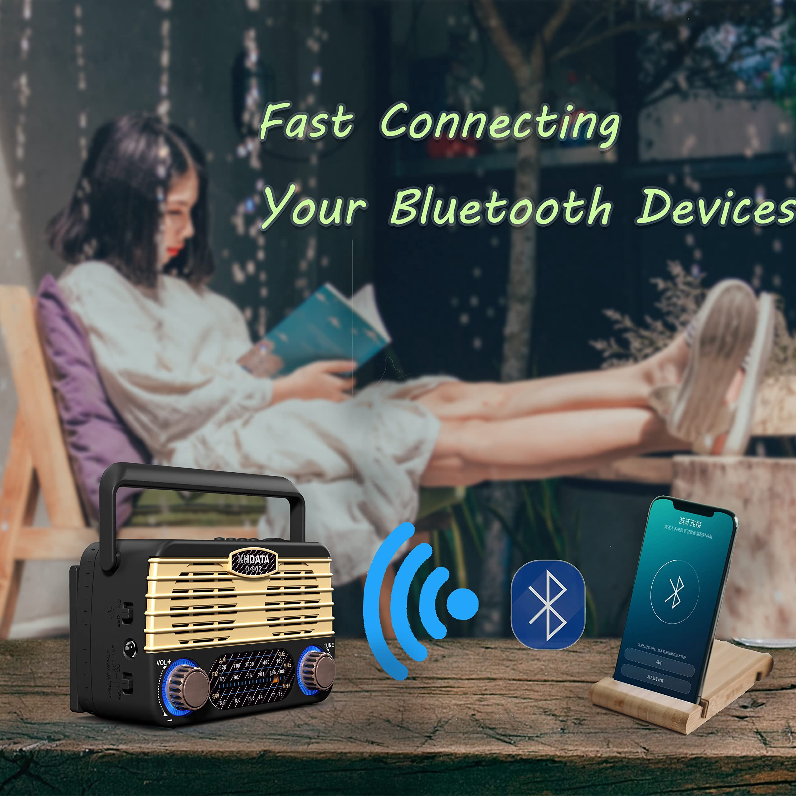 XHDATA D-902 Portable Shortwave Retro Radio, FM/AM/SW  Solar Wireless Bluetooth Vintage Radio, SD Card USB MP3 Player