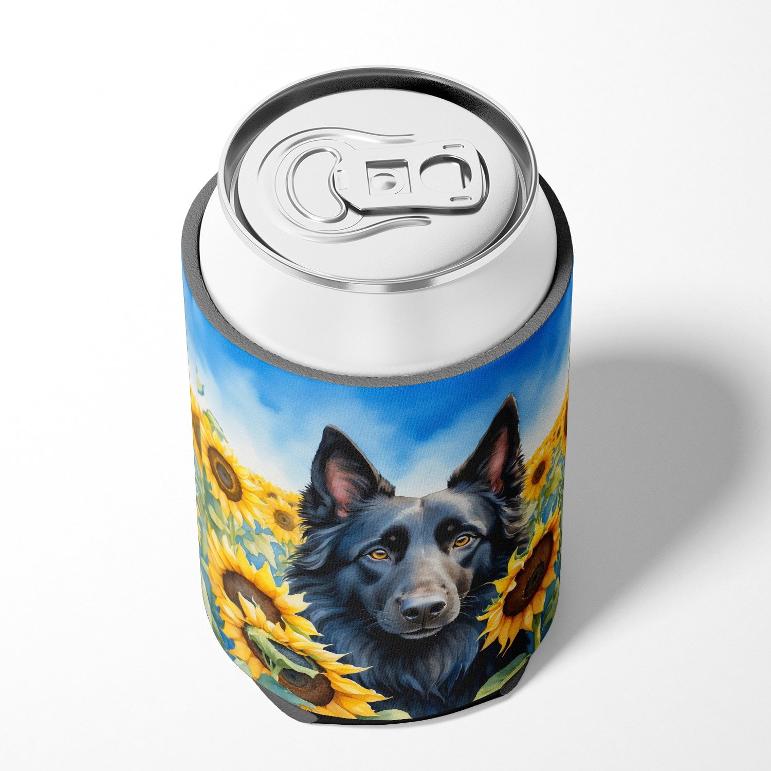 Belgian Sheepdog in Sunflowers Can or Bottle Hugger 3 in x 5 in
