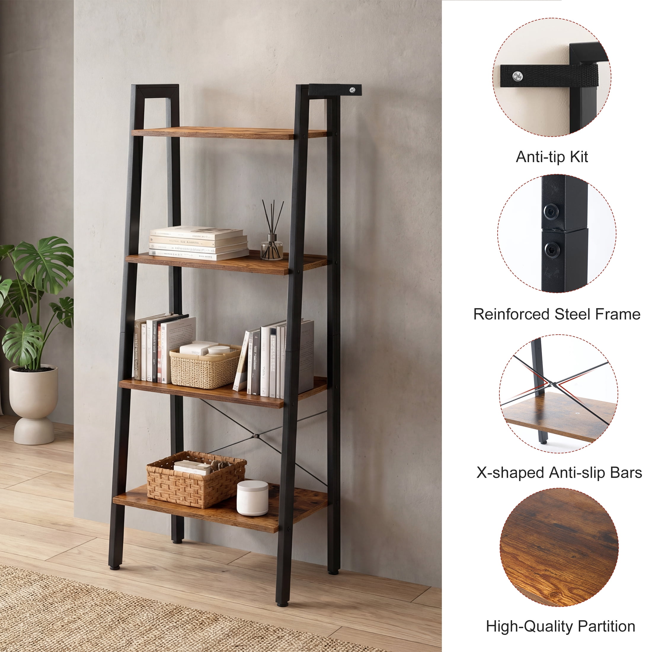 EDX 4-Tier Ladder Shelf, Bookcase Storage & Display Shelf , Corner Bookshelf for Living Room, Balcony, Home Office, Rust