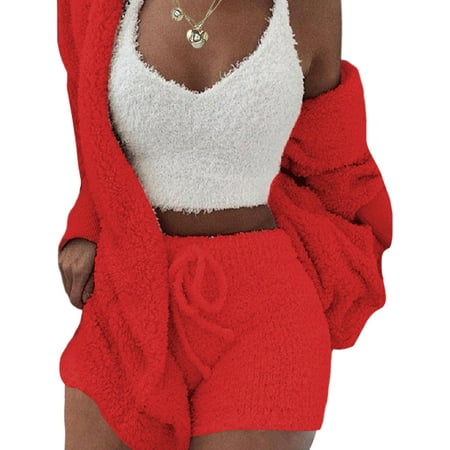 

Niuer Women Outfits Sexy Crop Tops Plush Cardigan and Casual Shorts Jersey Sleepwear Pajamas Lounge Set