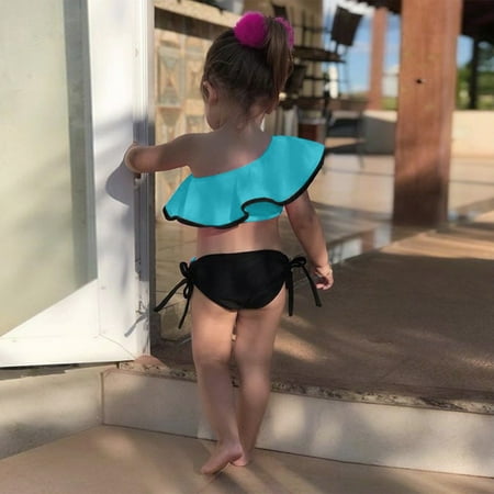 

Gubotare Summer Toddler Girls One Shoulder Bathing Suit Ruffles Bowknot Two Piece Off Shoulder Swimsuit Bikini Girls 7/8 Swimsuit Blue 12-18 Months