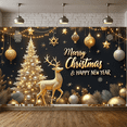 thumbnail image 6 of Gold Reindeer Christmas Banner Christmas Tree New Year Banner Gold Silver Ornaments Snowflakes Holiday Backdrop for Christmas Party New Year Celebration Indoor Decoration, 6 of 9