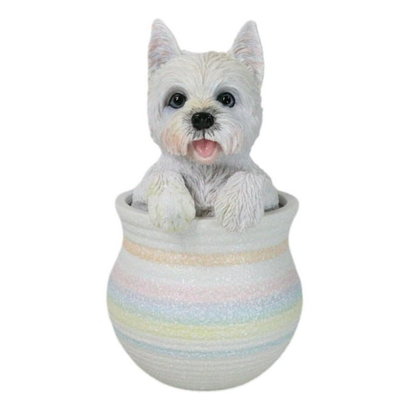 West Highland White Terrier Westie Puppy Dog Figurine With Glass Eyes Pup In Pot
